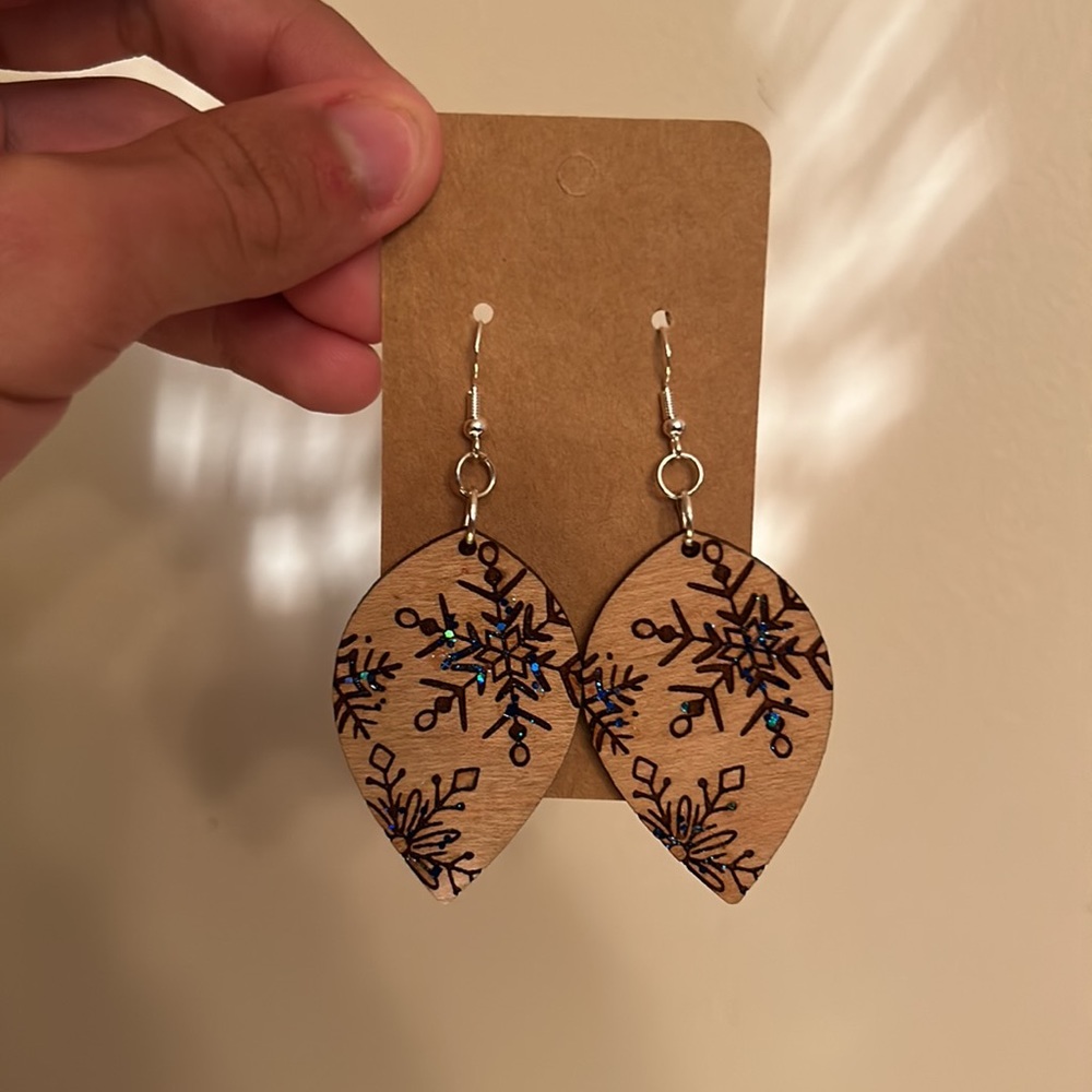 Engraved Wooden Snowflake Earrings Blue Sparkle Winter Artisan Dangle Statement - Picture 6 of 10